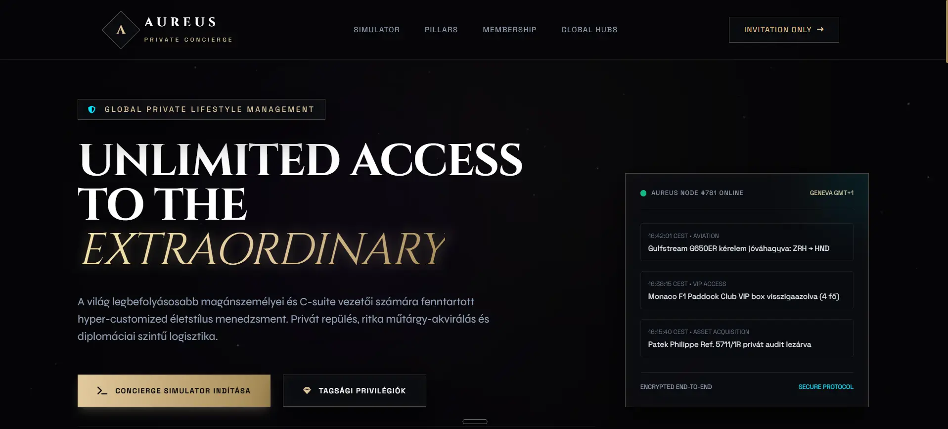 Az AUREU Private concierge mintaoldal fekete–arany nyitóképernyője.