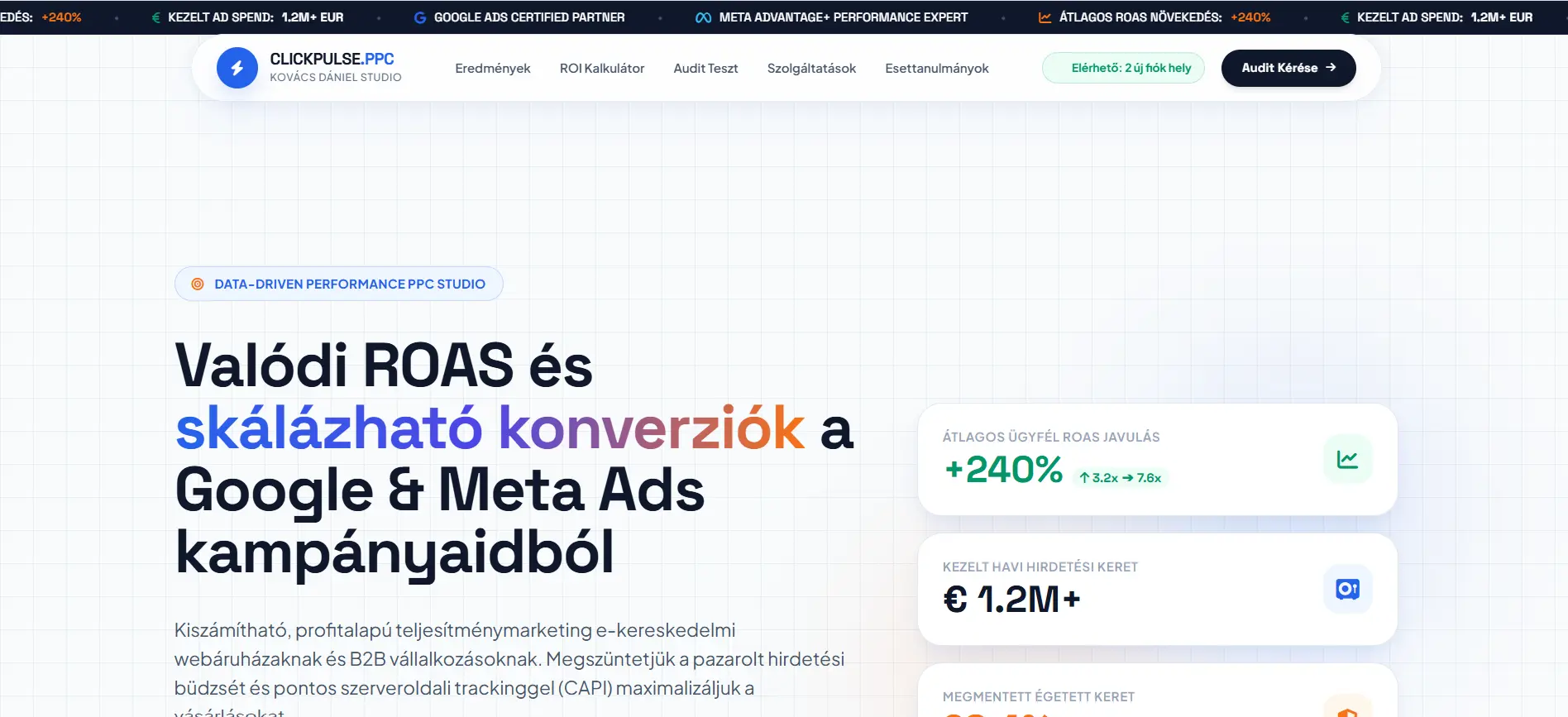 A ClickPulse PPC Studio nyitóképernyője, kampányeredményeket bemutató kártyákkal.